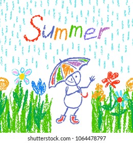 Funny man in rain with umbrella. Colorful flowers,  green grass. Wax crayon pencil or pastel chalk like kid`s hand drawn. Vector childlike cartoon comic character. Like child`s painting art background