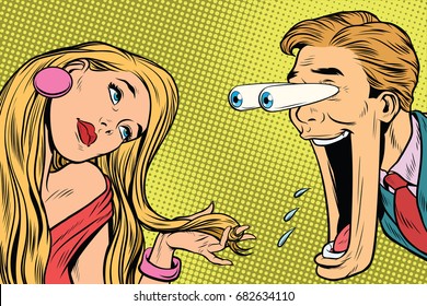 the funny man reacts to a beautiful woman. Pop art retro comic book vector illustration