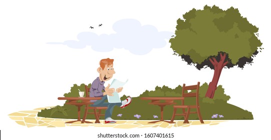 Funny Man reading at table in park.