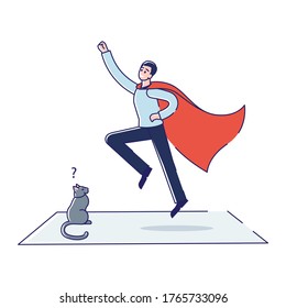 Funny man in red cape dreaming to be super hero. Cartoon guy wearing imagine flying at home. Comic male character in superhero suit posing. Linear vector illustration