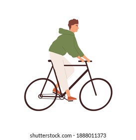 Funny man riding street bicycle vector flat illustration. Happy male ride on urban eco friendly personal transport isolated on white. Smiling guy cycling, enjoying outdoor activity