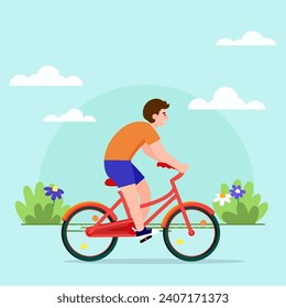 Funny man riding street bicycle vector flat illustration. Happy male ride on urban eco friendly personal transport. Smiling guy cycling, enjoying outdoor activity