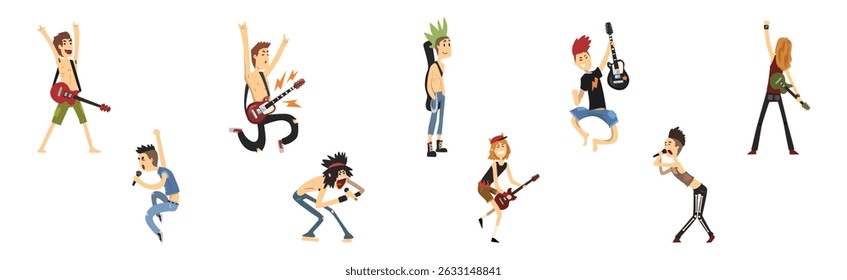 Funny Man Rock Musician Personagem Perform on Stage Vetor Set