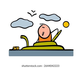 Funny man rose to  surface of water in  ocean  enjoys fresh air and space. vector illustration of cartoon character climbing out of  underground boat into the sea, looking at the clouds in the sky.