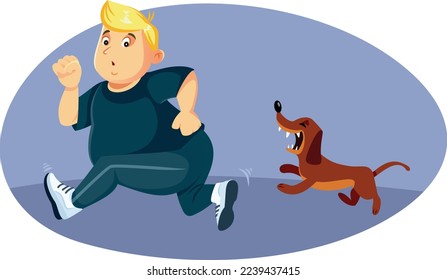 
Funny Man Running Away from a Barking Aggressive Dog Vector Cartoon. Overweight guy suffering from chino phobia being chased by a barking doggie 
