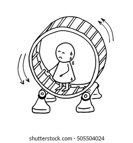 Funny man running in a hamster wheel. Vector illustration of a stressed manager.