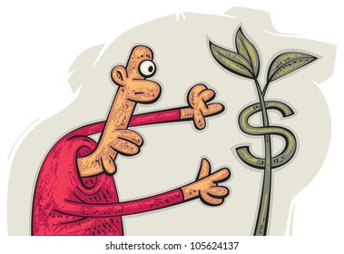 Funny man seeking a dollar growing on a tree