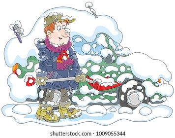 Funny man with a shovel  cleaning his snowbound car from snow, a vector illustration in cartoon style