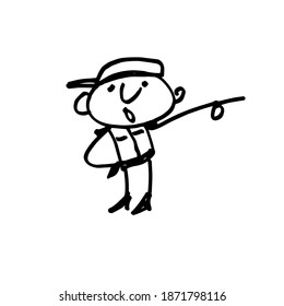 Funny man shows direction. A hand-drawn cartoon character. Vector illustration