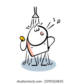 Funny man sings loudly in the shower and holds   washcloth. Vector illustration of a clean boy washing his body, wet floor, puddles, soap. Isolated cartoon character on white background.