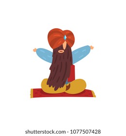Funny man sitting with long beard and turban on head on flying magic carpet. Magician showing levitating trick. Flat vector design