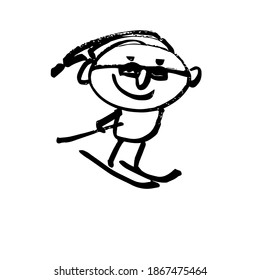 Funny man skiing. Hand-drawn funny cartoon character. Black and white vector illustration