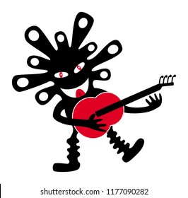 A funny funny man with a smile, a red tongue and a guitar. A comic graphic drawing.