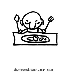 Hombre gracioso con una cuchara y comida de tenedor. Caricatura dibujada a mano. Ilustración del doodle vector.