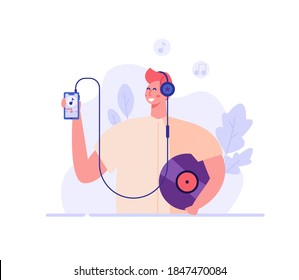 Funny Man Standing With Audio Player And Earphones, Listening To Music. Concept Of Podcast, Vinil Record, Audiobooks, Music Collection, Relaxation. Vector Illustration In Flat Design