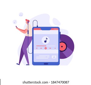 Funny Man Standing With Audio Player And Earphones, Listening To Music. Concept Of Podcast, Vinil Record, Audiobooks, Music Collection, Relaxation. Vector Illustration In Flat Design