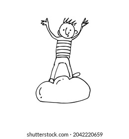 A funny man is standing on a cloud. A hand-drawn character. A sketch. Vector illustration