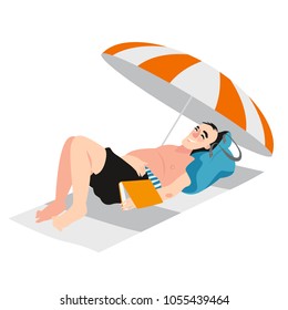 A funny man is sunbathing on the beach. Vector illustration in cartoon style on a white background