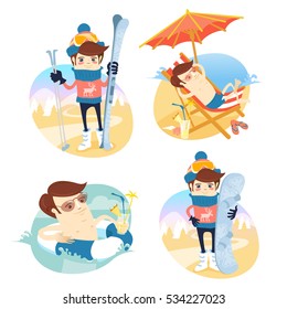 Funny man sunbathing on the beach with cocktail and swimming. Summer sea vacations. Funny skier and snowboarder standing in front of slopes with ski and snowboard. Winter mountains holidays.Flat style