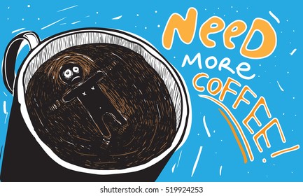 Funny man swimming in the coffee mug. Vector illustration.