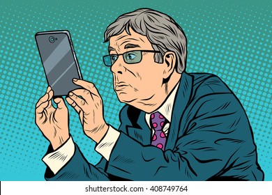 The funny man taking pictures with smartphone