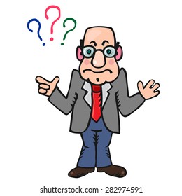 Funny man teacher with three signs of questions above