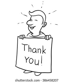 Funny Man with Text "Thank You!". Handwritten Doodle Vector Illustration for Sticker Design. Dark Brush Pen Lettering Isolated on white