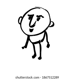 Funny man in thought. Hand-drawn cartoon character. Black and white Doodle illustration.