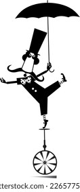 Funny man in the top hat balances on the unicycle. 
Cartoon man in the top hat with umbrella balances on the unicycle. Black and white illustration
