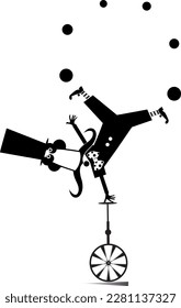 Funny man in the top hat balances on the unicycle. 
Cartoon in the top hat balances legs up on unicycle and juggles the balls. Black and white illustration
