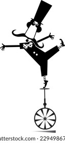 Funny man in the top hat balances on the unicycle. 
Cartoon man in the top hat balances on the unicycle. Black and white
