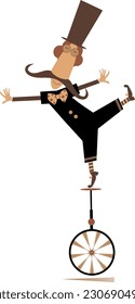 Funny man in the top hat balances on the unicycle. 
Cartoon man in the top hat balances on the unicycle. Isolated on white background
