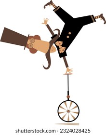 Funny man in the top hat balances on the unicycle. 
Cartoon in the top hat balances legs up on unicycle. Isolated on white illustration
