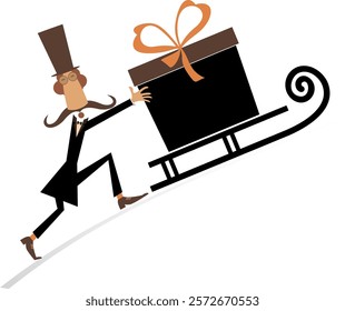 Funny man in the top hat. Big gift box. 
Cartoon long mustache gentleman in the top hat pushes a big gift box on the sledge. Isolated on white background
