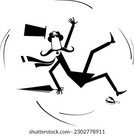 Funny man in the top hat falling banana peel.
Cartoon man in the top hat falling down slipping on banana peel
