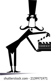 Un hombre gracioso en la parte superior sostiene una ilustración de la película.
Hombre bigote en el sombrero superior sostiene una pizarra de película aislada en fondo blanco
