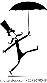 Funny man in the top hat holds an umbrella. 
Illustration of the long mustache gentleman in the top hat with umbrella. Black and white
