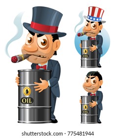 Funny man in the top hat smokes a cigar and holds oil barrel. Cartoon styled vector illustration. Elements is grouped. No transparent objects.