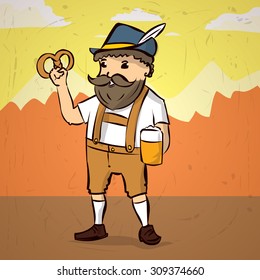 Funny man in traditional Bavarian costume. Hand drawn cartoon vector illustration