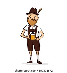 Funny man in traditional Bavarian costume. Hand drawn cartoon vector illustration