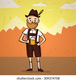 Funny man in traditional Bavarian costume. Hand drawn cartoon vector illustration