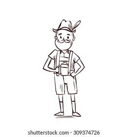 Funny man in traditional Bavarian costume. Hand drawn cartoon vector illustration