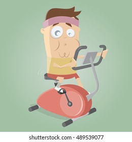 entrenamiento de hombres divertidos en el entrenador de bicicletas de interior