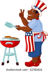 Funny Man with Uncle Sam Hat cooking A Hamburgers On A Barbecue Bbq Grill