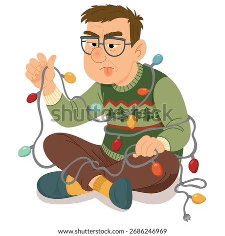 Funny Man Untangling Christmas Lights Before Decorating Tree Cartoon Illustration