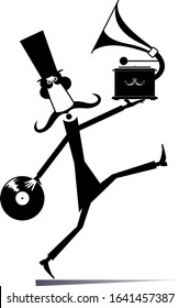 Funny man with vintage record player and record illustration. Walking long mustache man in the top hat holds a long playing record and gramophone black on white
