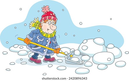 Funny man in warm clothes diligently cleaning snow with his shovel in a courtyard of a house on a snowy and cold winter day, vector cartoon illustration on a white background