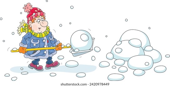 Funny man in warm clothes diligently cleaning snow with his shovel in a courtyard of a house on a snowy and cold winter day, vector cartoon illustration on a white background

