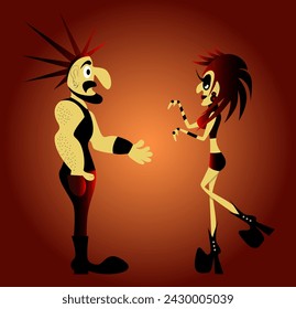 Un hombre gracioso con una chaqueta negra invita a una chica punk a bailar. Ilustración de vector plana de la gente de Punk Rock aislada en fondo brillante.