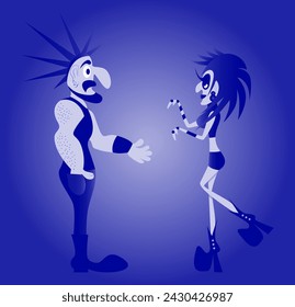 Funny man wearing black jacket invites a punk girl to dance. Punk rock people flat vector illustration isolated on bright background.